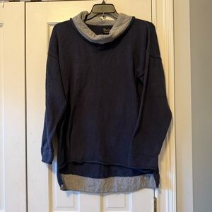 Pure Handknit Navy Blue and Grey Waffle Knit Cowl Neck Tunic Sweater Size L/XL